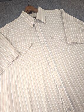 Plains Western Wear XL Beige Stripe Pearl Snap Shirt Cotton